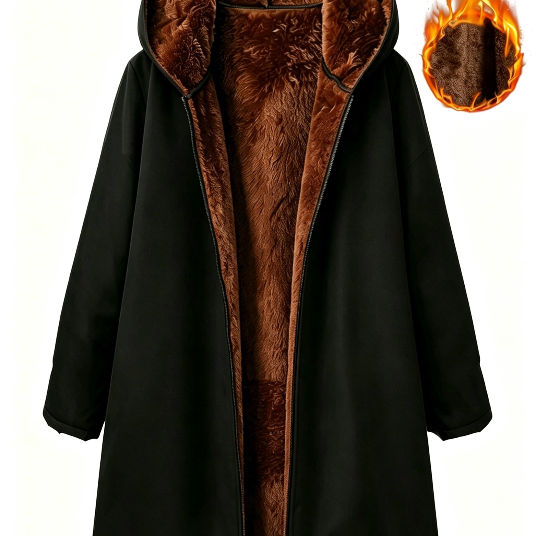 TEMU Women's New Mid-length Hooded Fleece-lined Warm Coat Jacket Easy And Zipper Cardigan