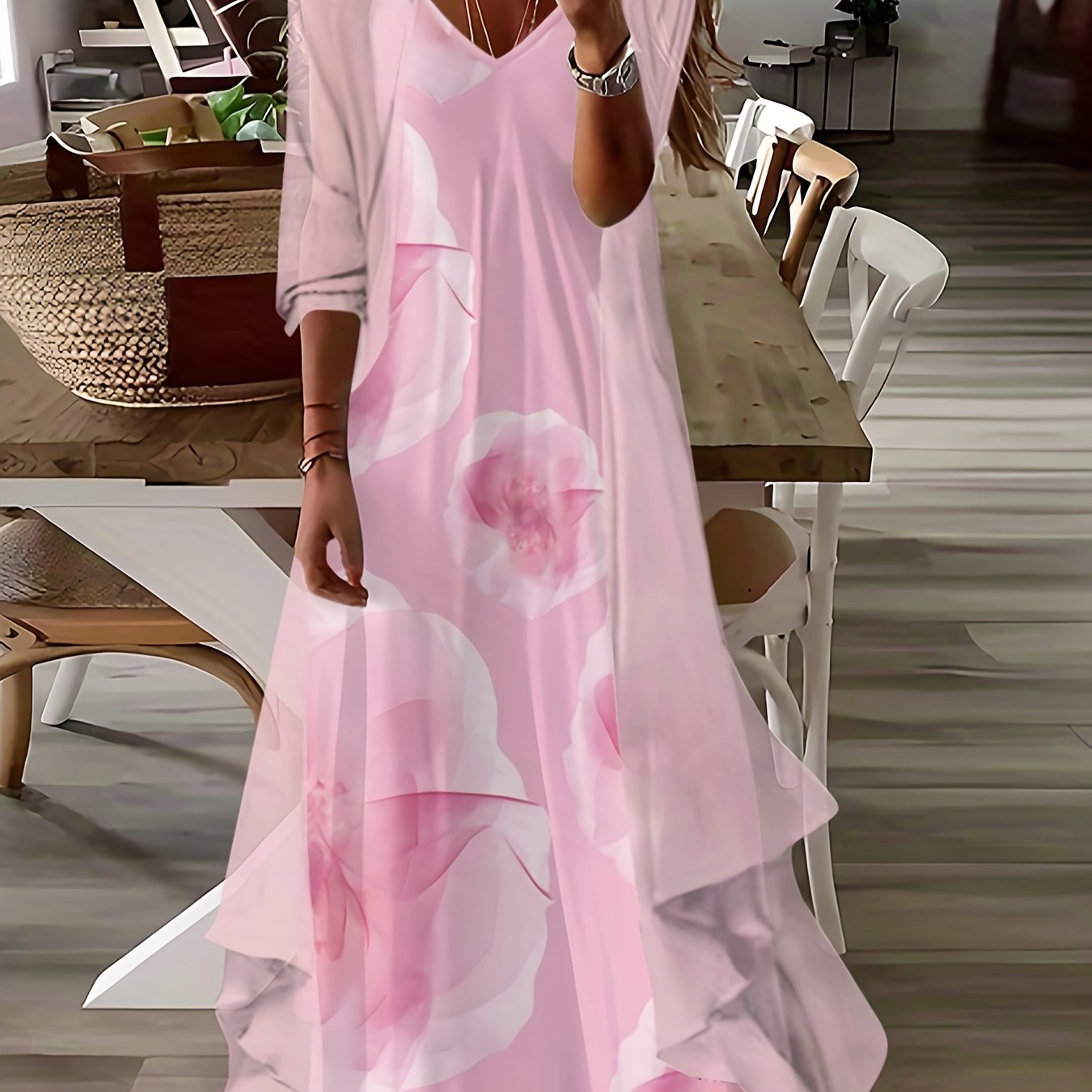 item picture casual pink floral watercolor print dress set