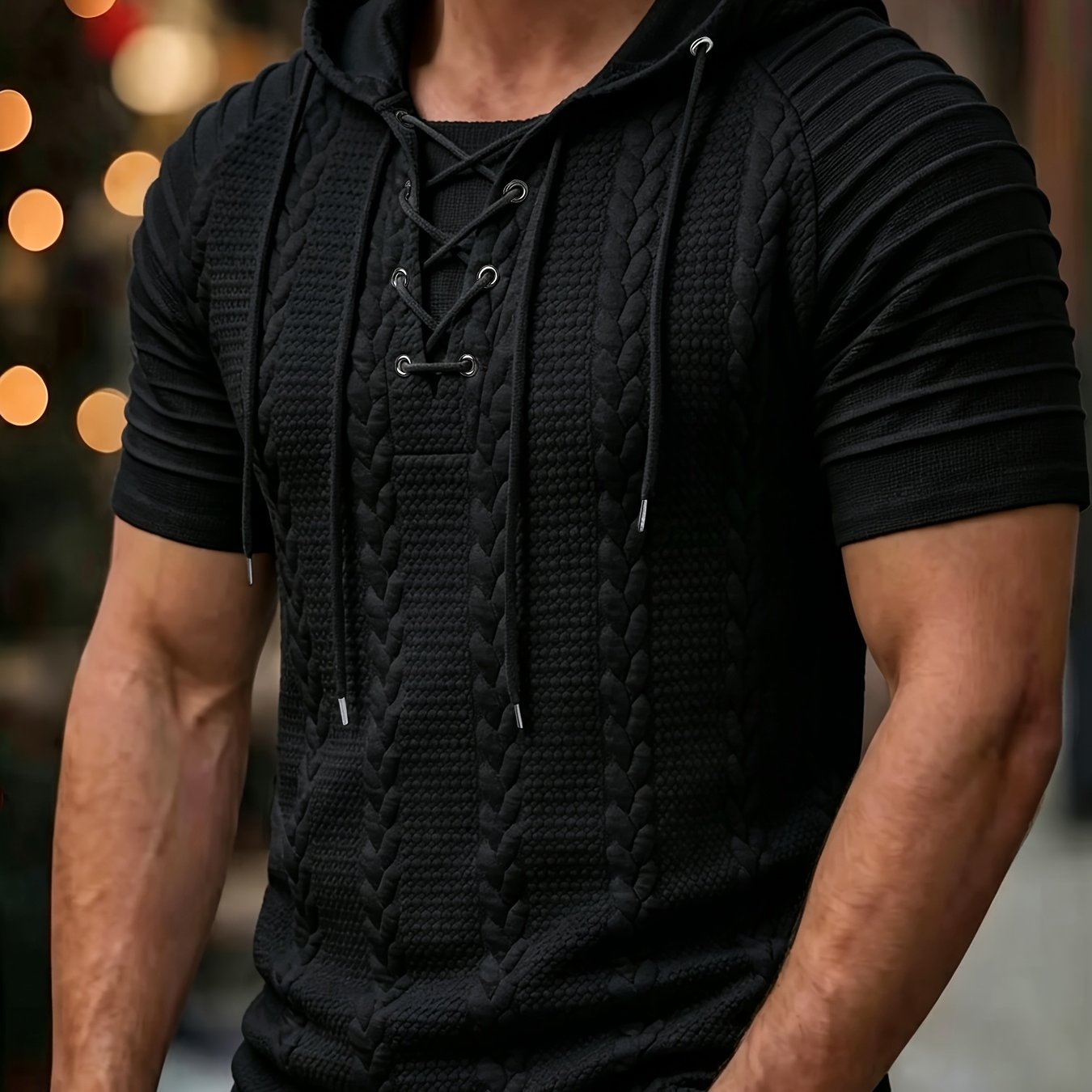 TEMU Royalboy Haut de sport à capuche pour homme, en tissu jacquard texturé, à manches plissées et côtelées de couleur contrastée, avec cordon de
