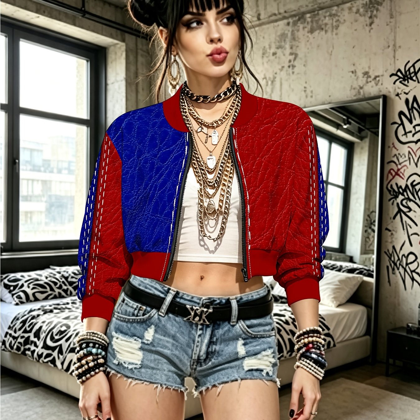 TEMU Red And Blue Stitching Pattern Women's Zippered Short Jacket, Simple High-waist Casual Jacket With Small Collar, Streetwear, Comfortable Fabric