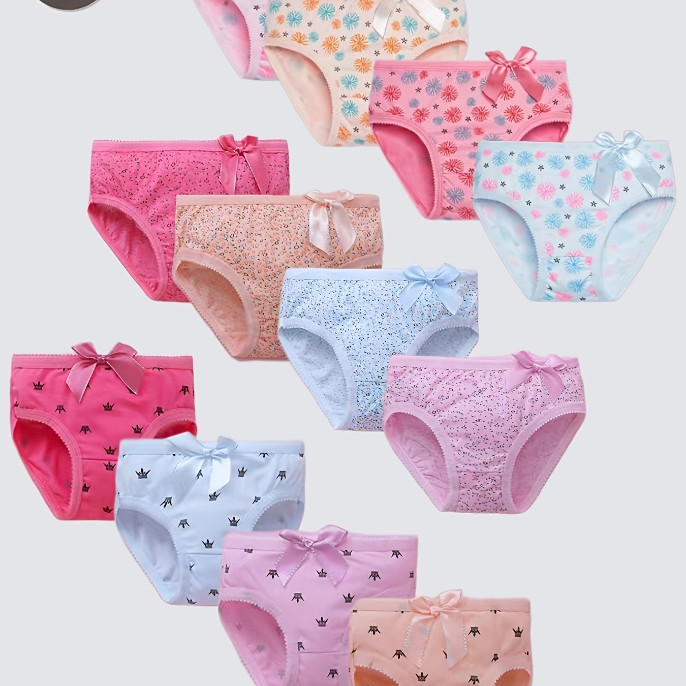 12 Girls' Briefs, Breathable, Comfortable, Mature, Floral Print Suitable For , Crown Bow