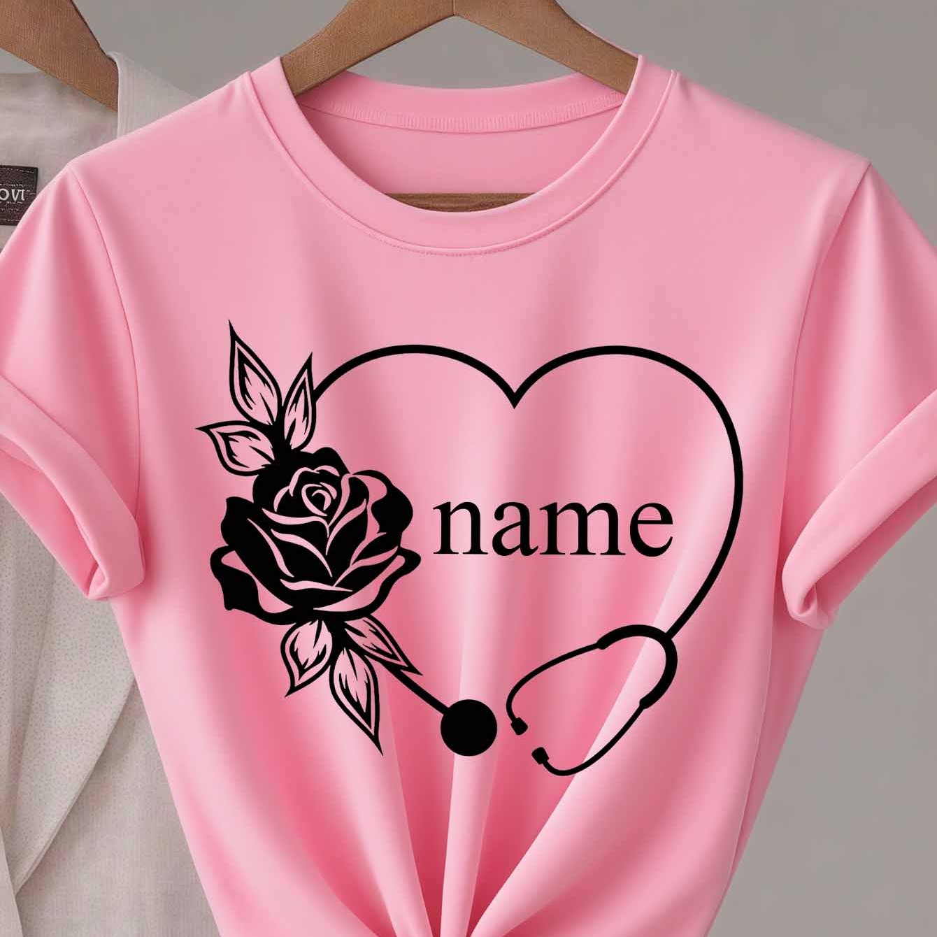 TEMU T-shirt con stetoscopio a forma di cuore e rosa con personalizzato | estivo, tessuto elasticizzato, per donne e