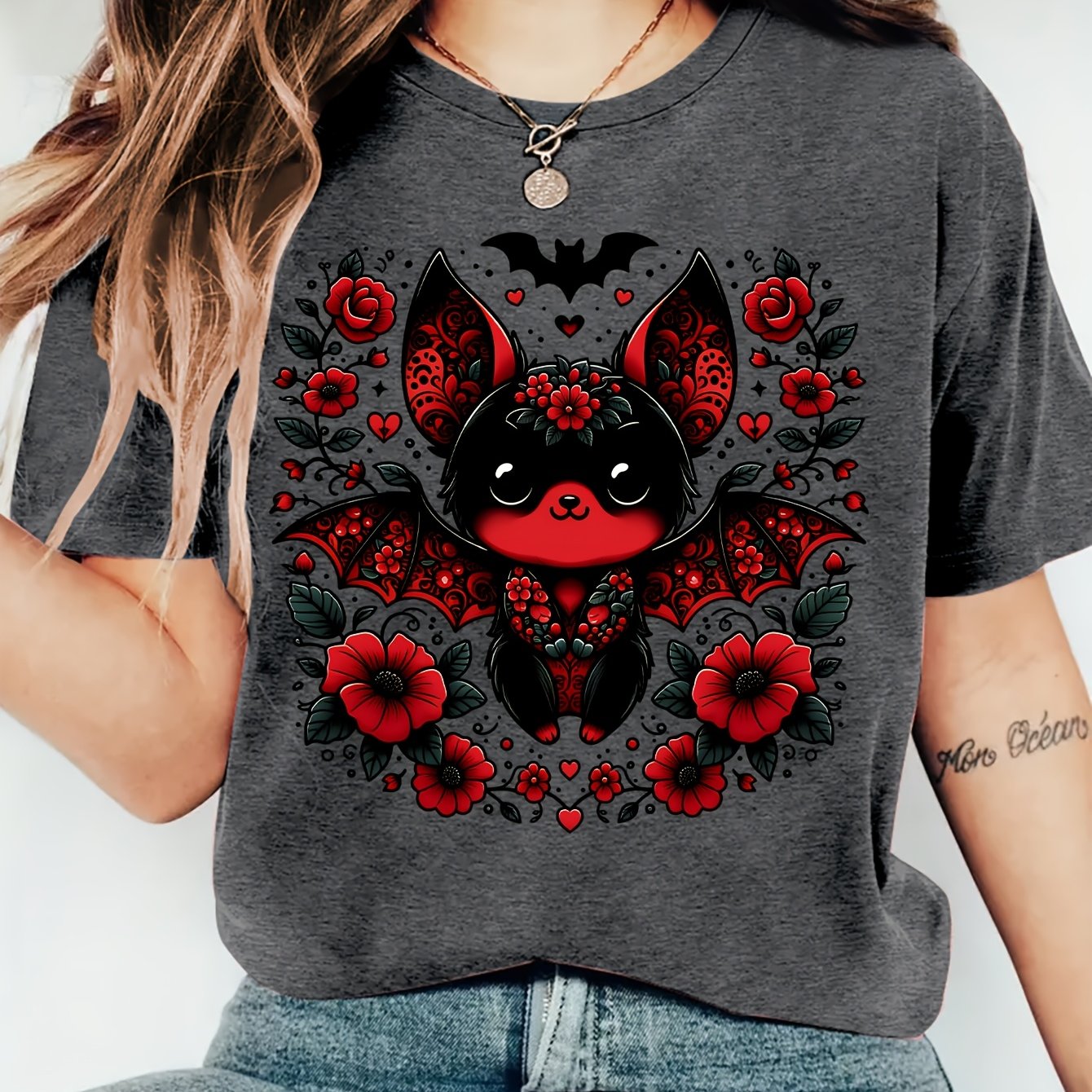 TEMU Versatile Fun Animal Print Women's Summer T-shirt - Small With Red And Black Floral Border, Round Neck Short Sleeve. Comfortable, Soft,