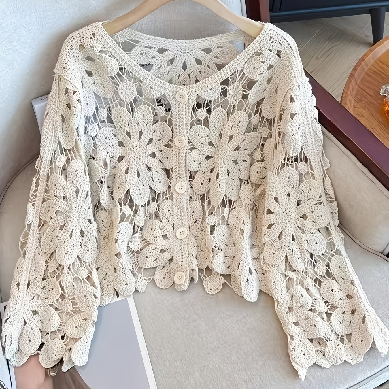 Image of Plus Size - Plus Size - 1pc Bohemian Style Front Cardigan, Hollow Out Embroidered Long Sleeve Single Breasted Collar Casual Coat For Beach Travel And Outdoor, Elegant Women's Outerwear