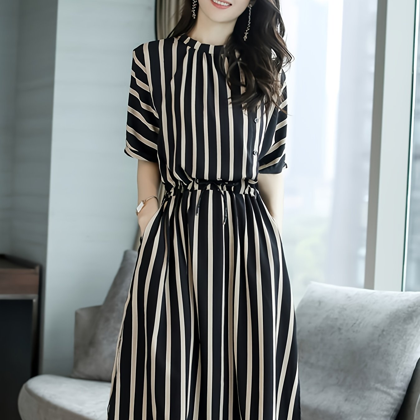 TEMU Dress Striped Dress For New Korean Dress Loose White Black Dress Girdle Skirt