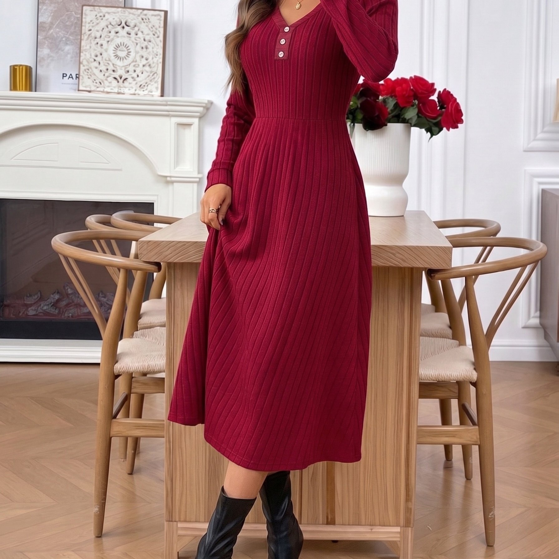 TEMU Elegantes Damen Kleid in Burgunderrot mit V-Ausschnitt, Rippstrick, langen Ärmeln und Knopfleiste, einfarbiges Rotes Damenkleid, Herbst, Büro