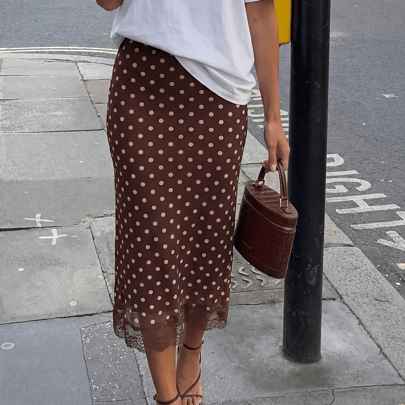TEMU Asd1 Women' Brown Polka Dot Long Skirt, High-waist Lace Trim Design, Elegant A-, Suitable For Daily Casual And Office Wear