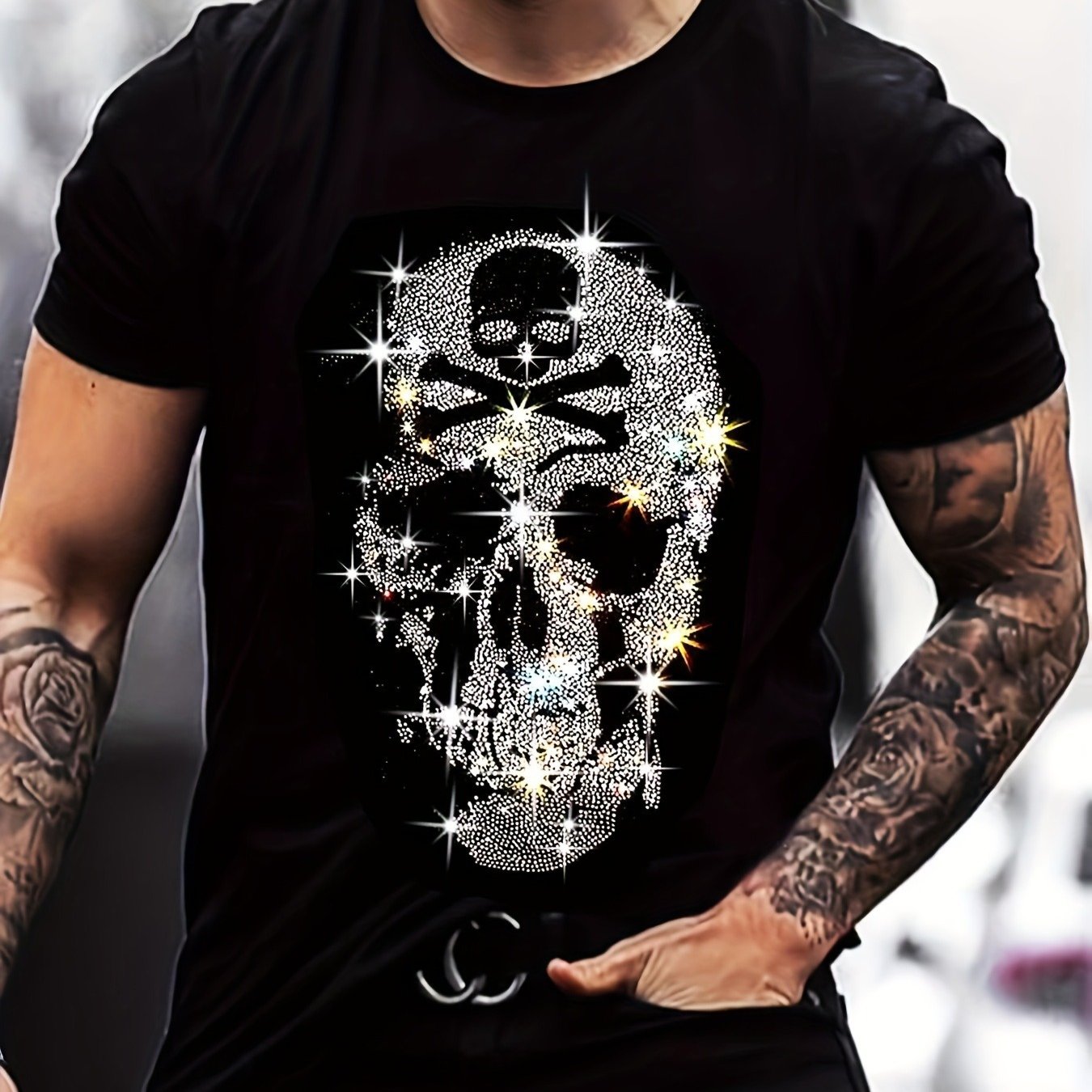 Image of Men's Rhinestone Skull Graphic T-shirt | Breathable Loose Neck Short Sleeve, Sporty , Machine Washable Versatile Top, Sparkling Texture