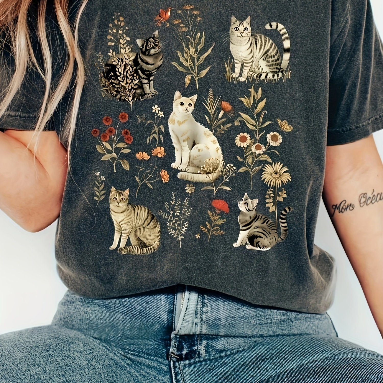 TEMU Women's Casual Cat & Floral Print T-shirt - Soft Polyester Knit Fabric, , Regular Fit, Round Neck, Machine Washable