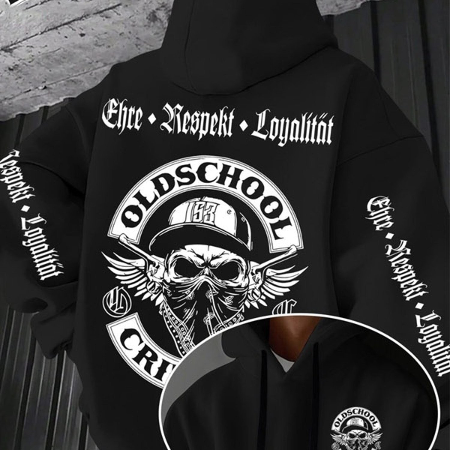 TEMU Black Old School Skull Graphic Print Hoodie, Polyester Comfortable Pullover With 