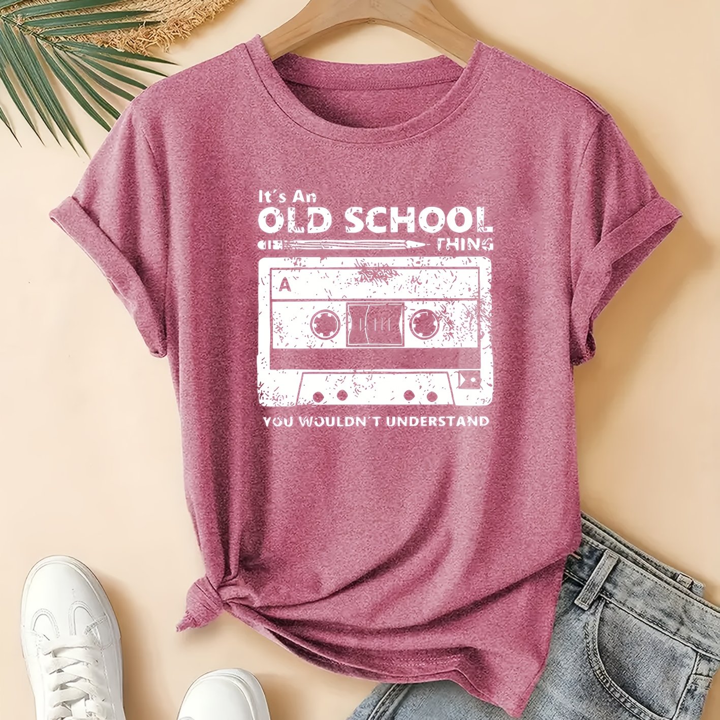 TEMU Casual Vintage Loose Short-sleeve T-shirt With A Music Cassette Print Design