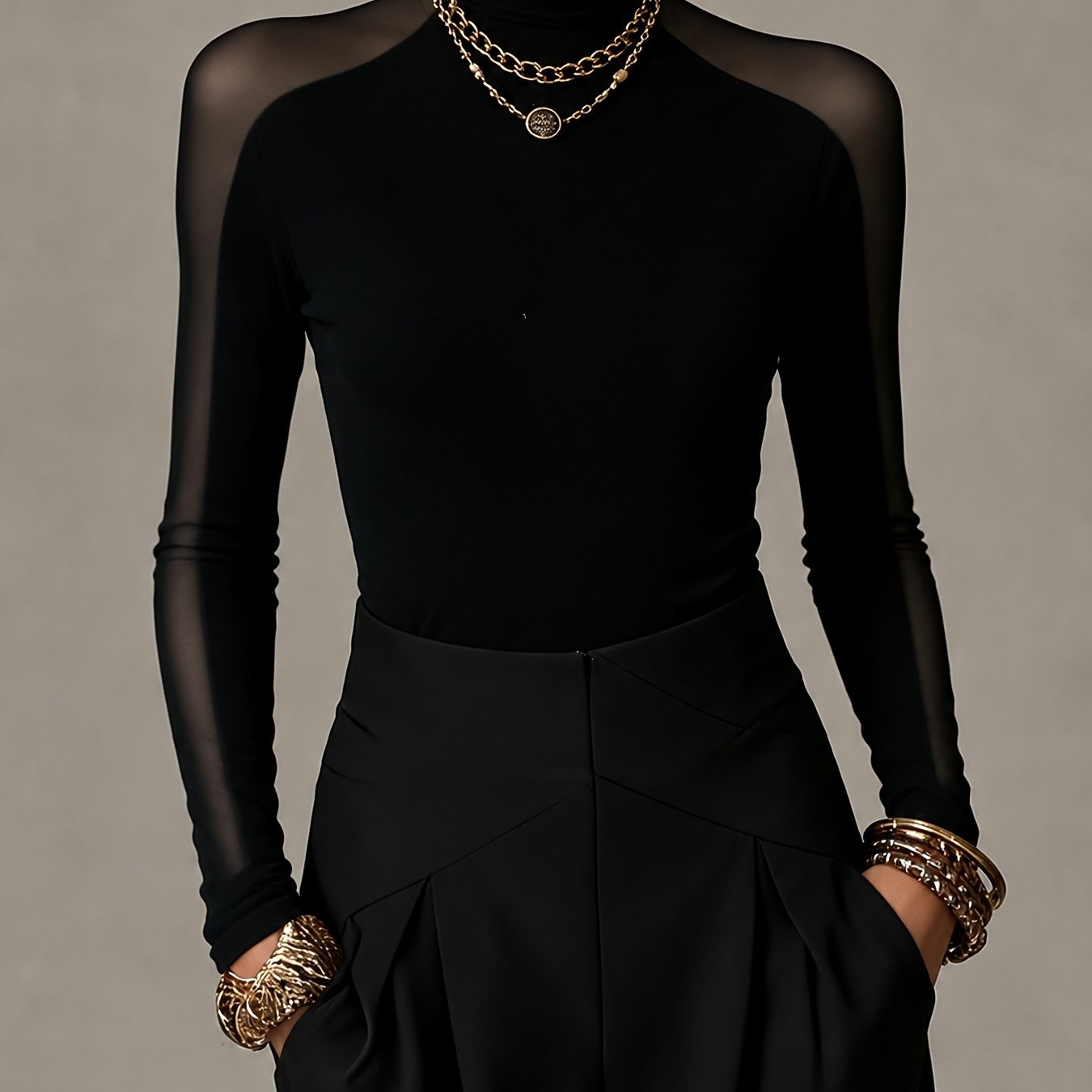 TEMU European And Mature Style Black Mesh High Neck Slim Fit Long Sleeve Base Layer Top For Women
