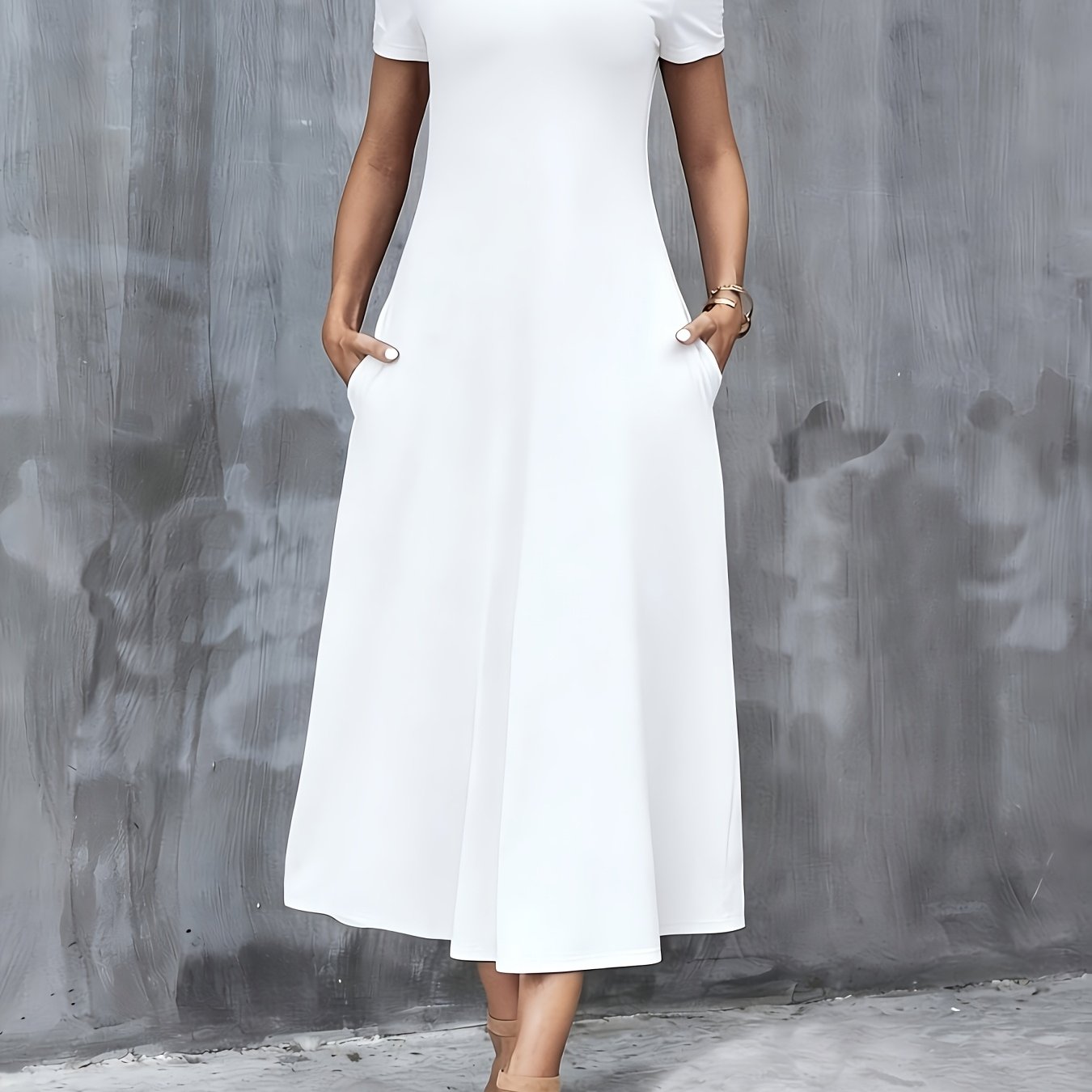 TEMU Dresses For Women, Women's Casual V-neck Short Sleeve A-line Dress With Pockets - Solid Color, Medium Stretch, Machine Washable, Versatile Wear
