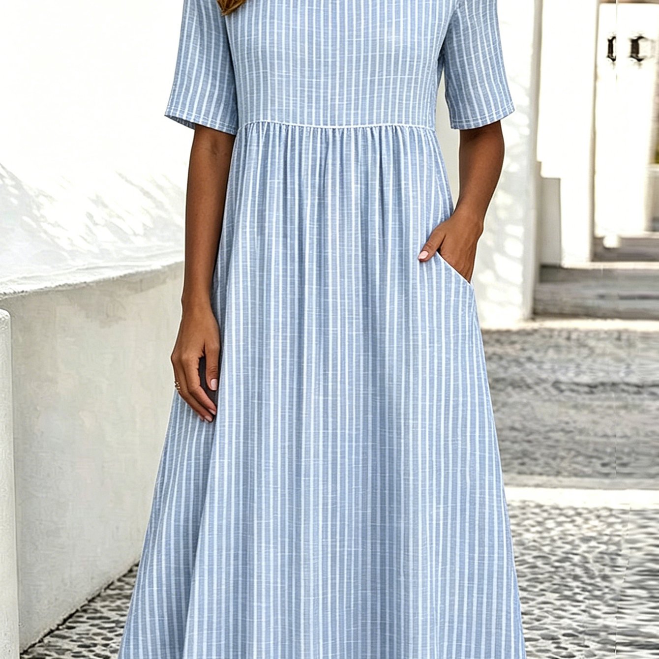 TEMU Plus Size - Damenkleid in großen Größen mit Rundhalsausschnitt, kurzen Ärmeln und Streifenmuster, figurbetonter Bund, sommerliches, hellblaues