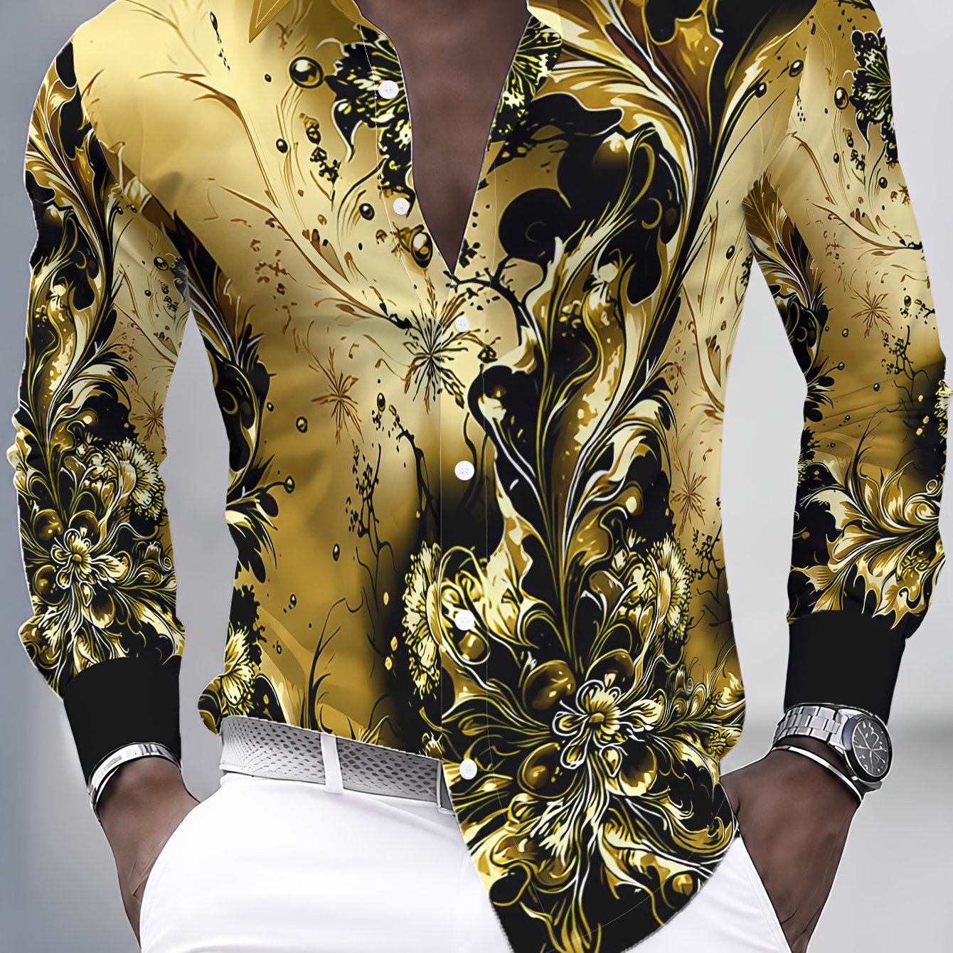 TEMU [printed Design â Not Textured] Men's Black And Golden Baroque Print Shirt, Light Luxury Business Long Sleeve Lapel Shirt
