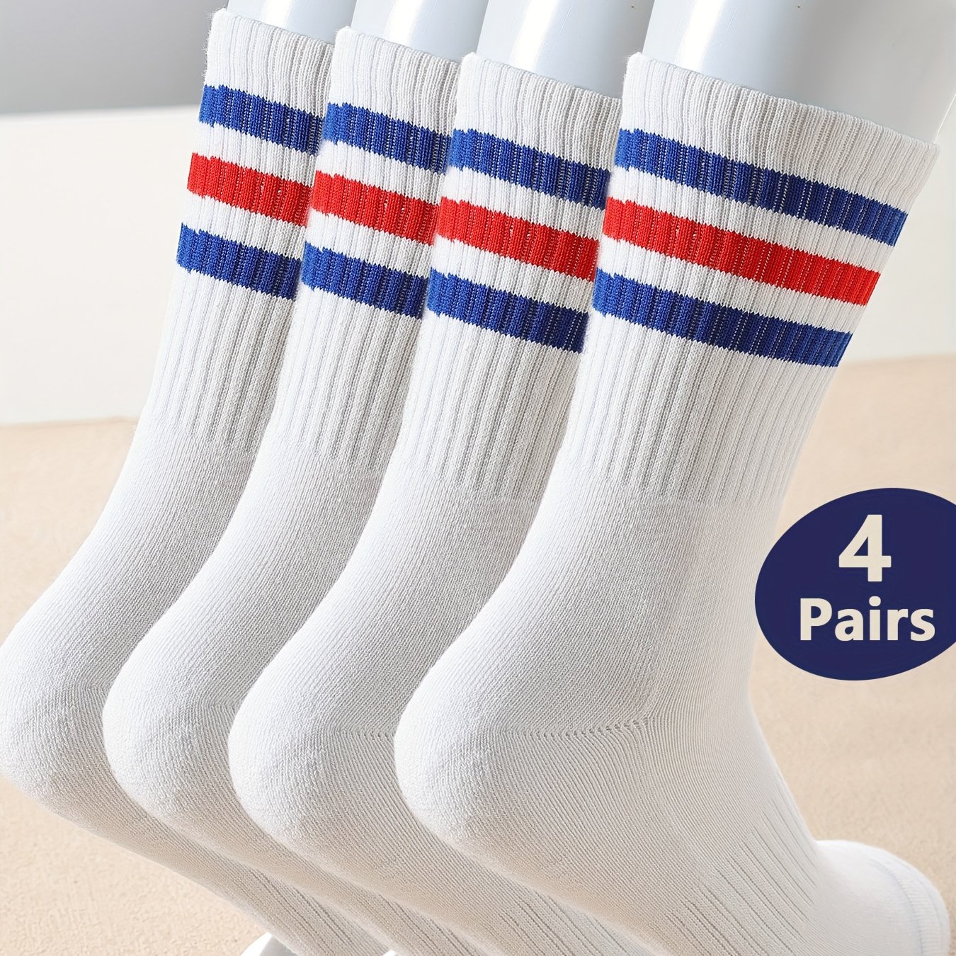 Image of 4 Pairs Men's Crew Socks - Thick Terry Sole Striped | Daily, Gym, Running, Jogging & Outdoor Sports | & Rated | Holiday & Birthday Gift