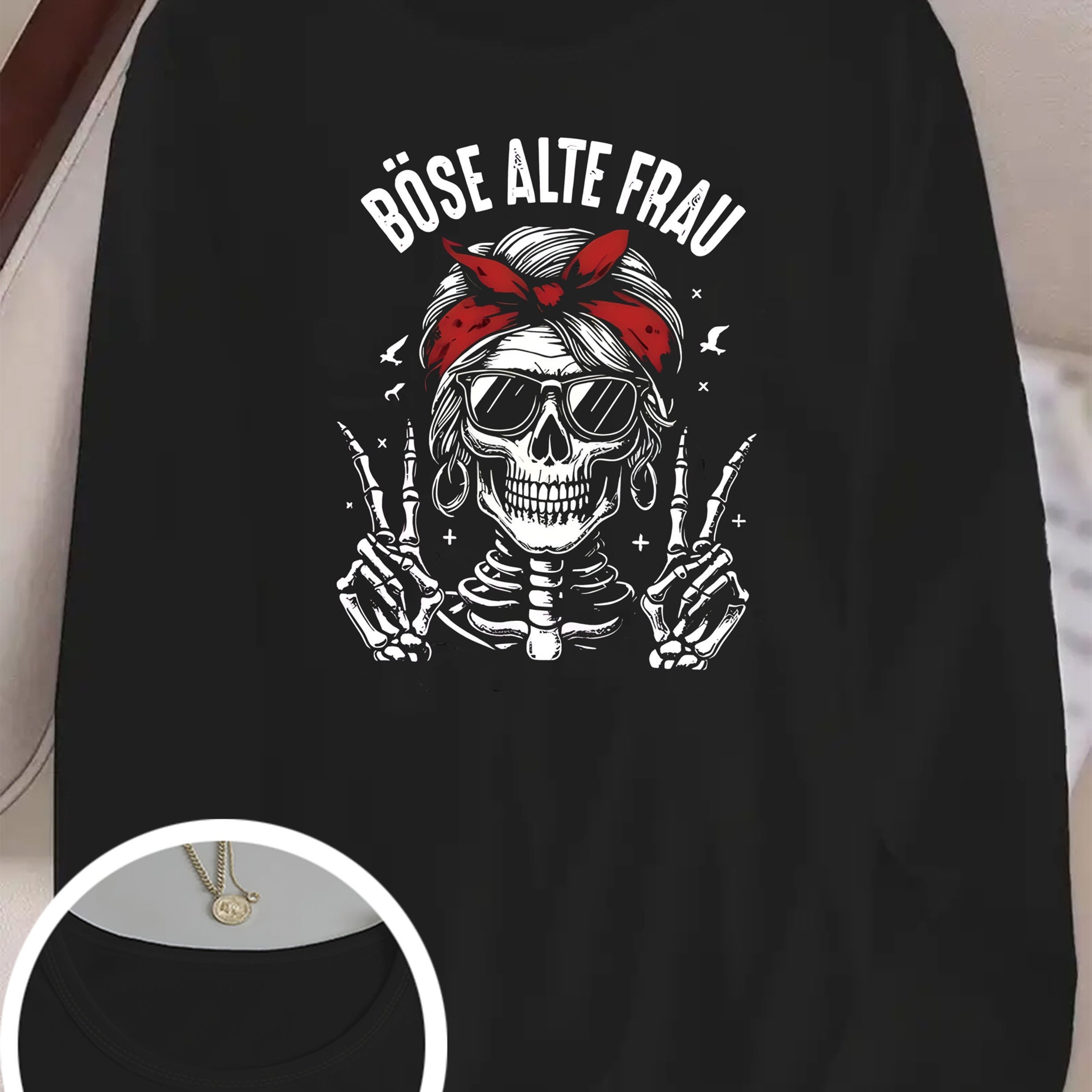 Plus Size - Plus Size - Women's Pattern Print Long Sleeve T-shirt - Sarcastic Skull And " -altefrau" Design; Round Neck