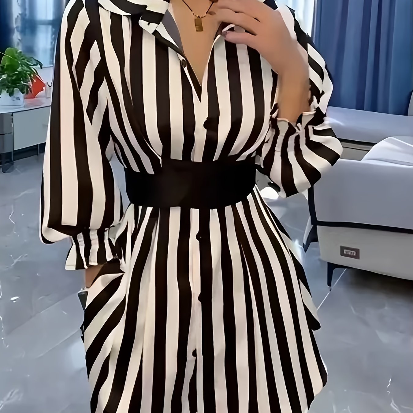 Striped Belted Waist Single-breasted Long-sleeve Shirt A-line Dress
