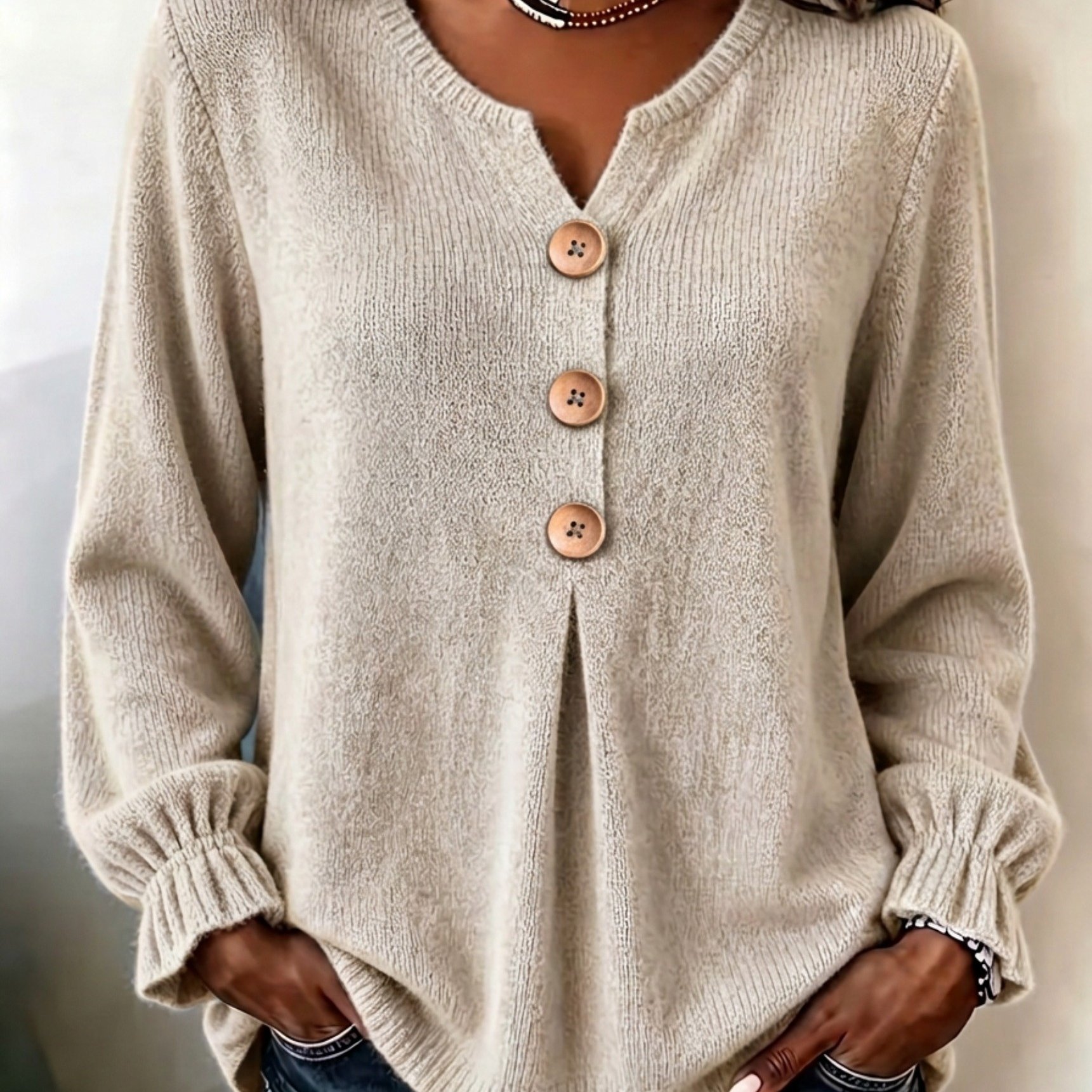 TEMU Women's Elegant Long Sleeve Top, Keyhole Henley Neck With Wooden Buttons, Front Pleated Design, Puff Sleeve Cuffs Pullover