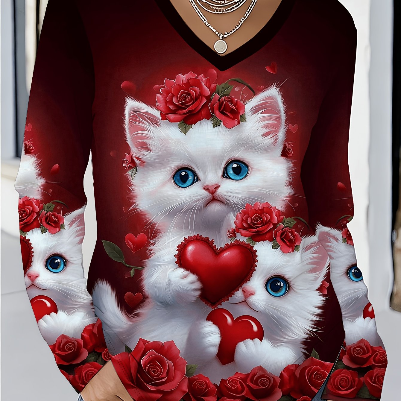 TEMU Plus Size - Plus Size - Plus Size - Women's V-neck Top Featuring A Cartoon Of A Small White Cat With Eyes, Surrounded By Red Roses And Heart