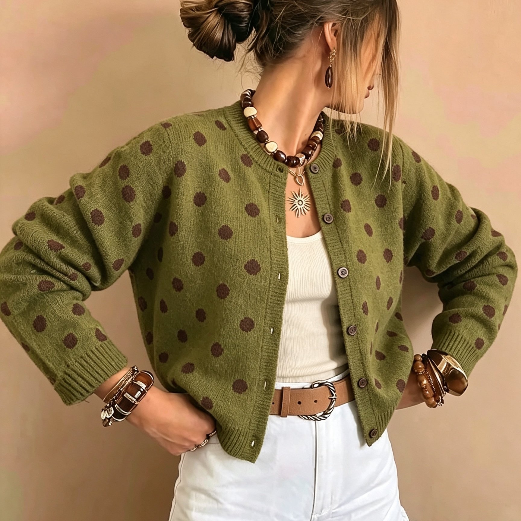 TEMU 1pc Women's Sweater/women's Cardigan Contrast Polka Dot Print, Fabric, Round Neck Single-row Button, Short Drop Shoulder Long Sleeve, Loose Fit,