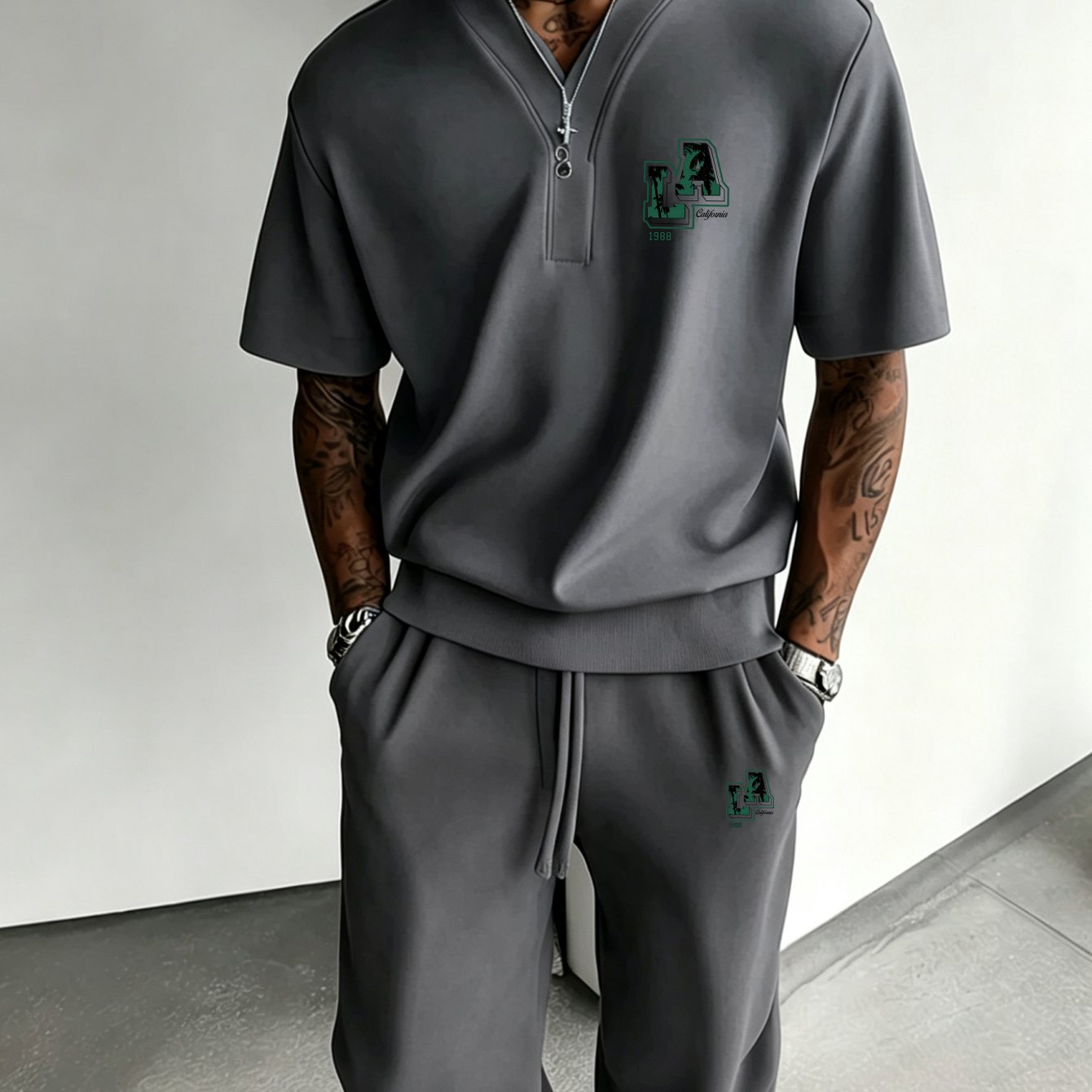 Image of 2pcs Set: Men's Casual Sportswear - V-neck Short-sleeve Sweatshirt + Drawstring Pants (multiple Colors ), Plus Size