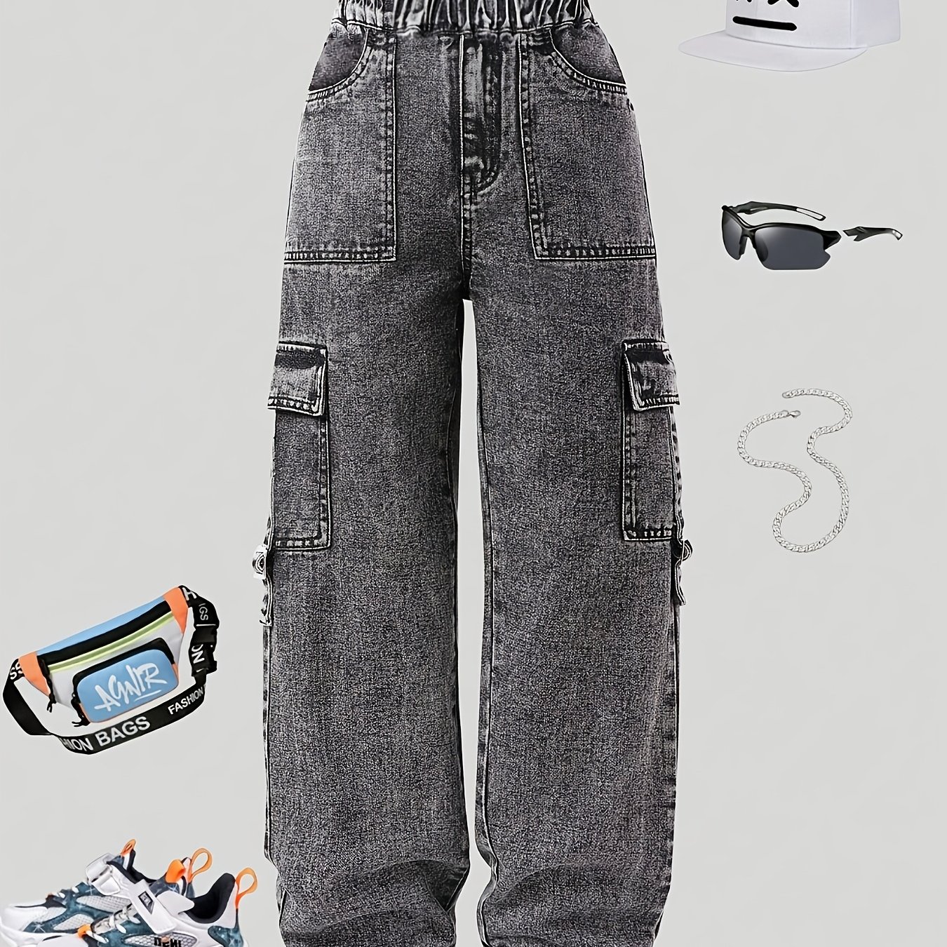 Image of Boys' Jeans, Big Boys' Elastic Waist Retro Street Fashion Multi-pocket Black Denim Cargo Pants, Suitable For , School, Holiday, And Multiple Occasions, Autumn Essentials