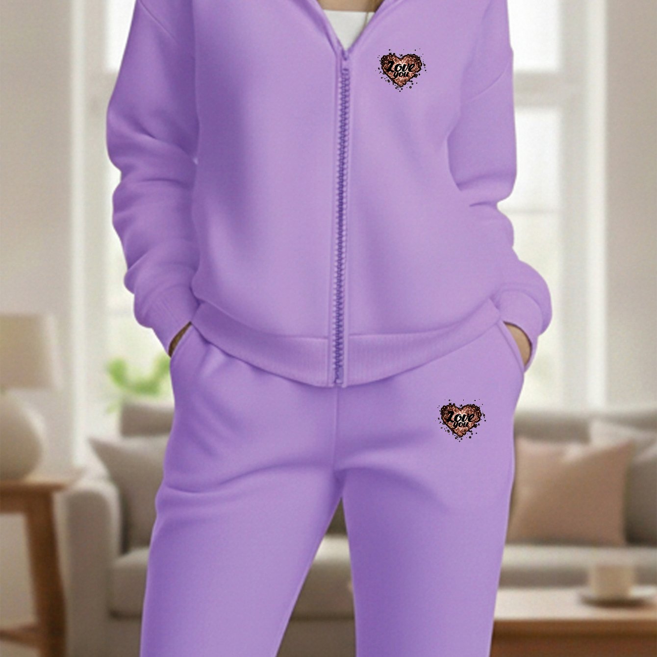 TEMU 2pcs Valentine's Day Themed Women's Hooded Sweatshirt Set With Heart Print - Zip-up Sweatshirt + Matching Joggers, -lined, Winter-friendly, , 5