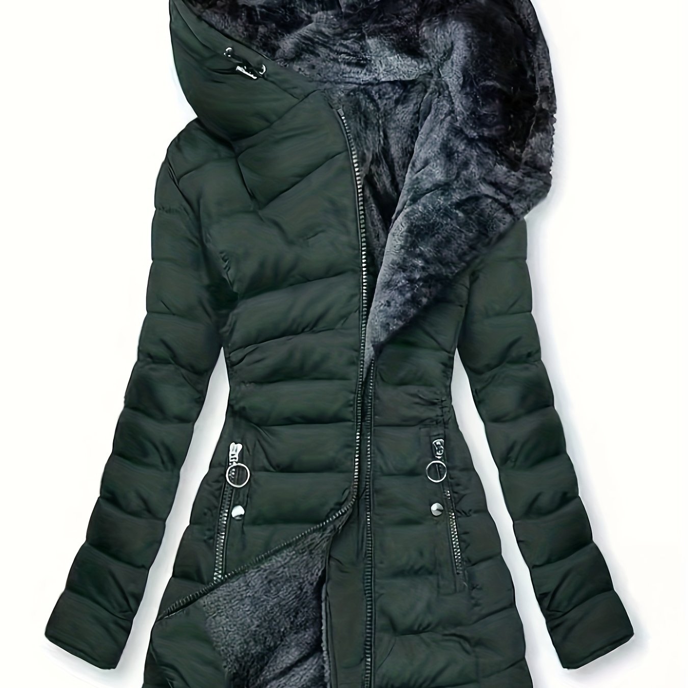 TEMU Taglie Forti - Taglie Forti - Giacca con Cappuccio, Spessa, e Resistente al Freddo, Lunghezza Media, con Zip, Maniche Lunghe, Cappotto Slim -