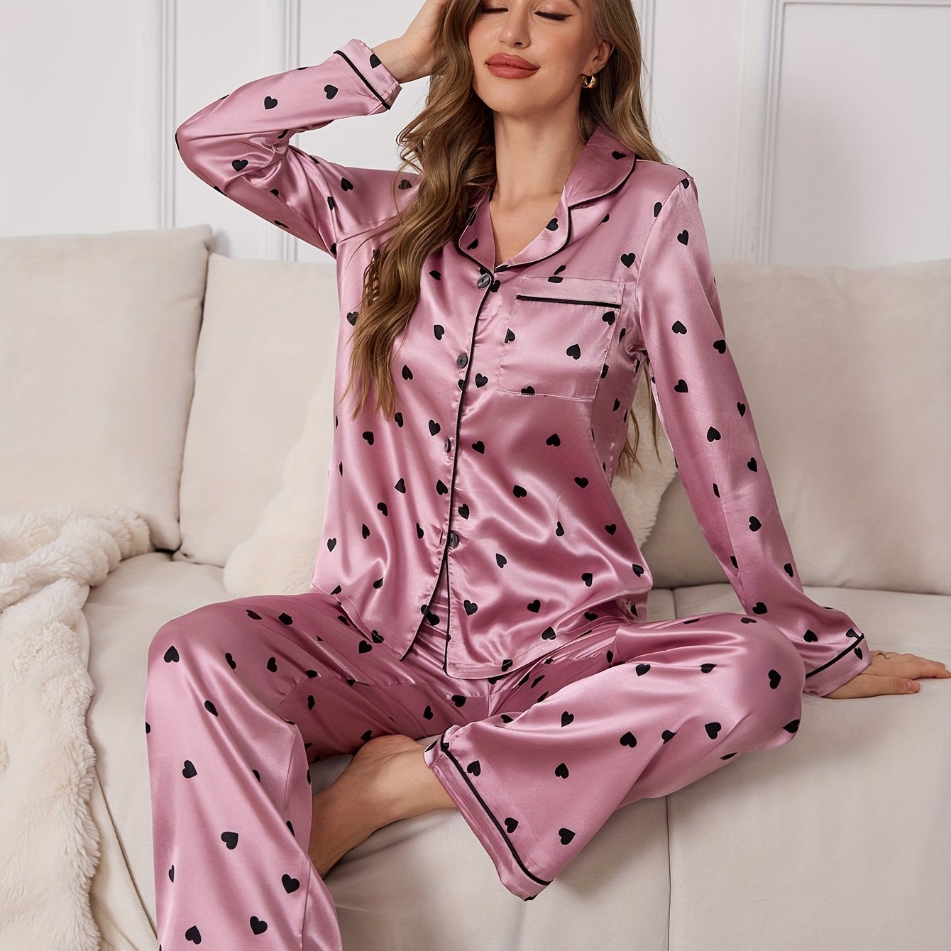 TEMU Elegant Satin Pajama Set For Adults With Heart Pattern, Woven Long Sleeve Pajama Pants And Top With Reversible Collar, Cozy Fall/winter Wear