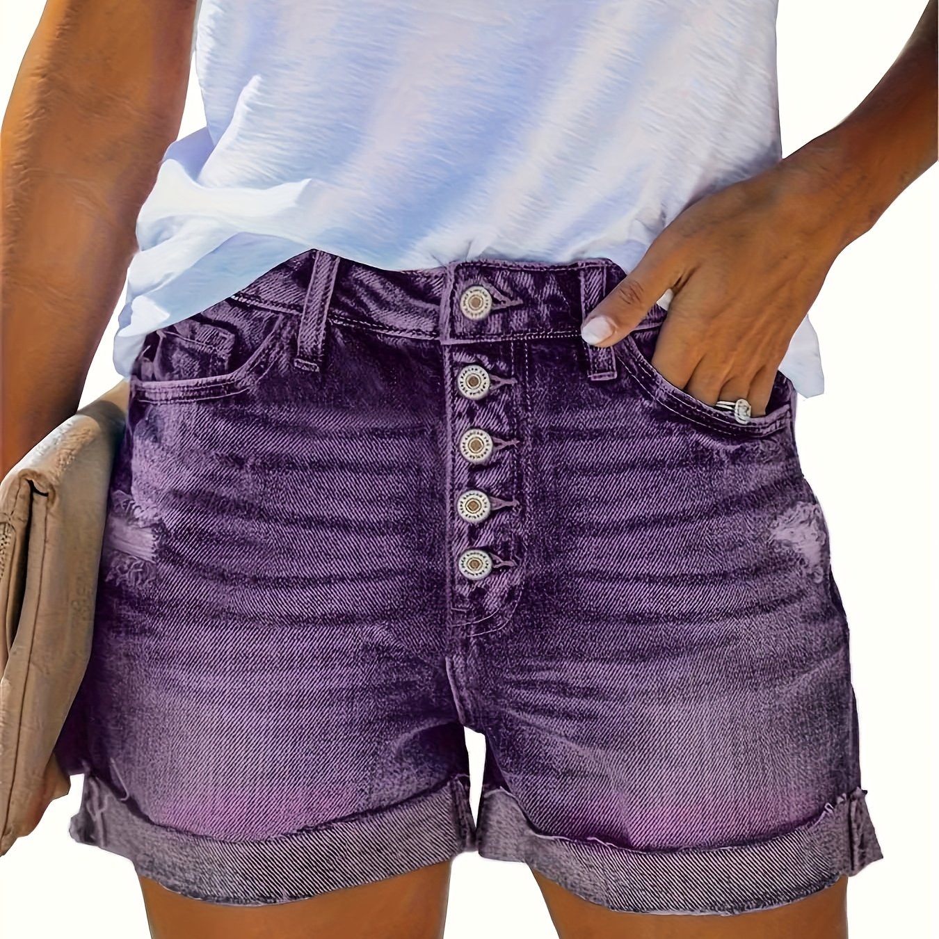 Women's Summer Denim Shorts - Street Style Multi-button Closure Stretchy Washed Jeans With Elastic Waistband, Machine Washable Casual Shorts For Spring/summer, Relaxed Beachwear, Durable Fabric