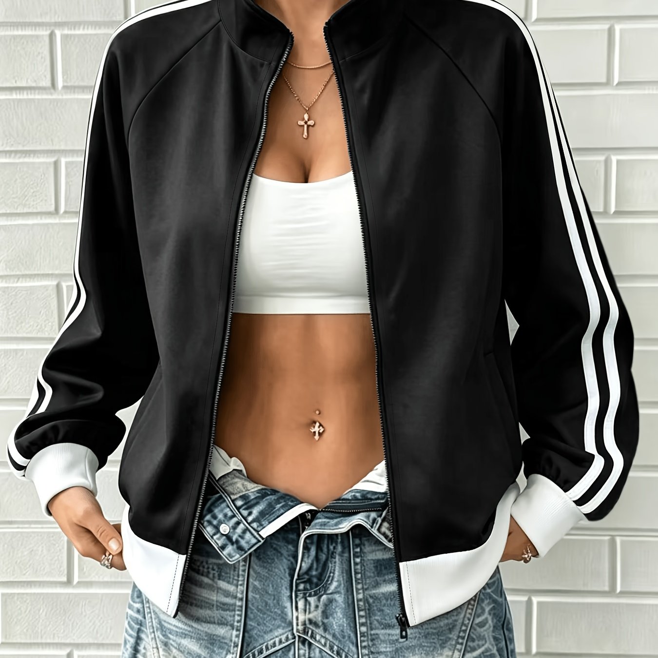 TEMU Autumn Winter Lightweight Comfortable Casual Athletic Women's Striped Solid Color Jacket, Fashionable For Multiple Occasions, With Pockets,