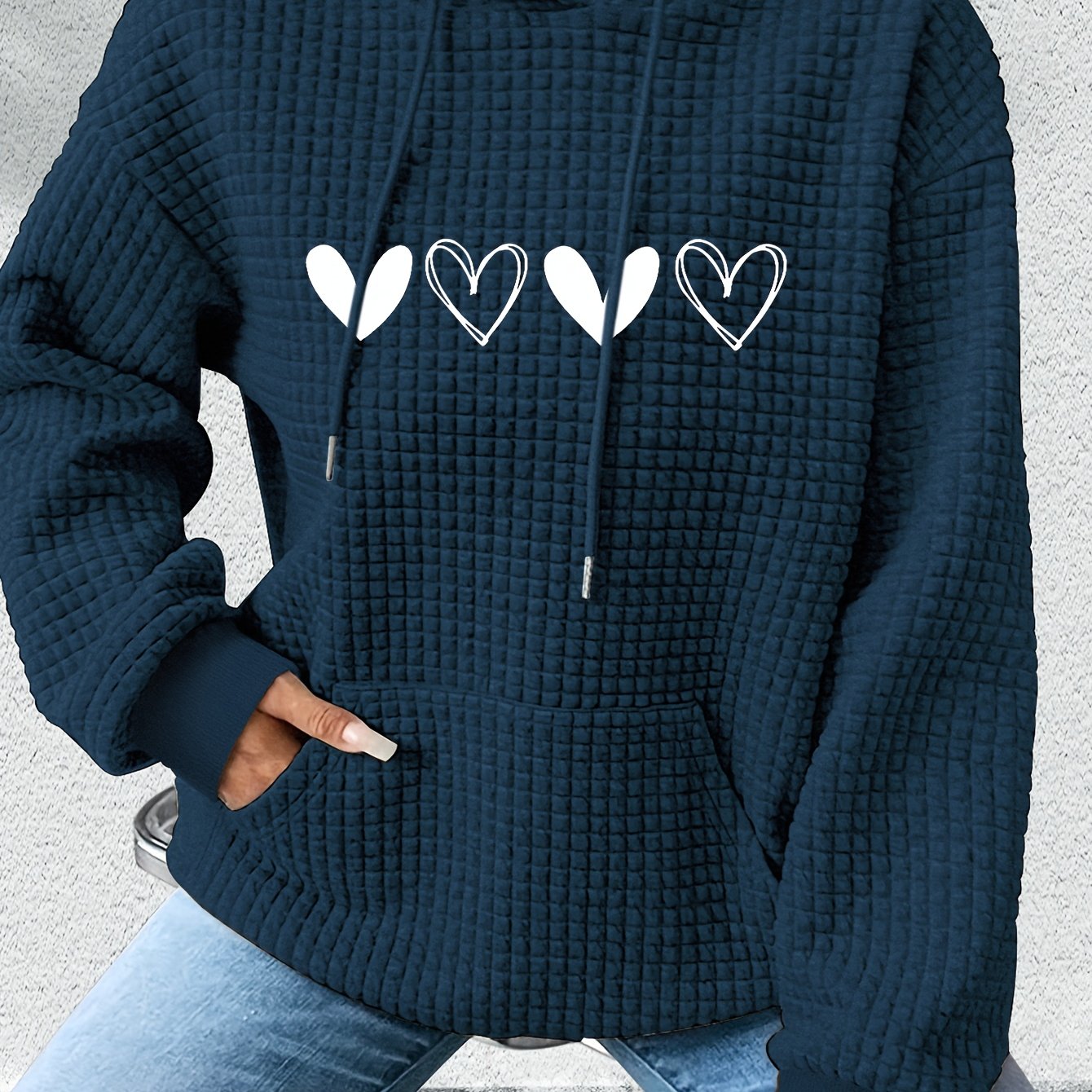 E-shop Damens Casual Waffle Hoodie mit Herz-Print, Kängurutasche & Verstellbarem Kordelzug - Gemütlicher Herbst-Winter-Sweatshirt, Maschinenwaschbar,