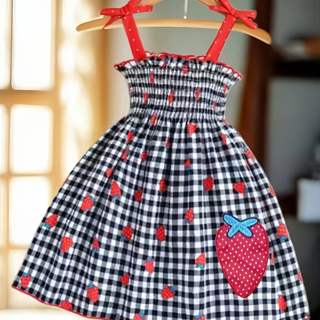 Image of Girls' Summer Cami Dress With Fruit Strawberry Print And, Adjustable Straps With Bow, Suitable For Outdoor Leisure, Parties, Travel, And Beach