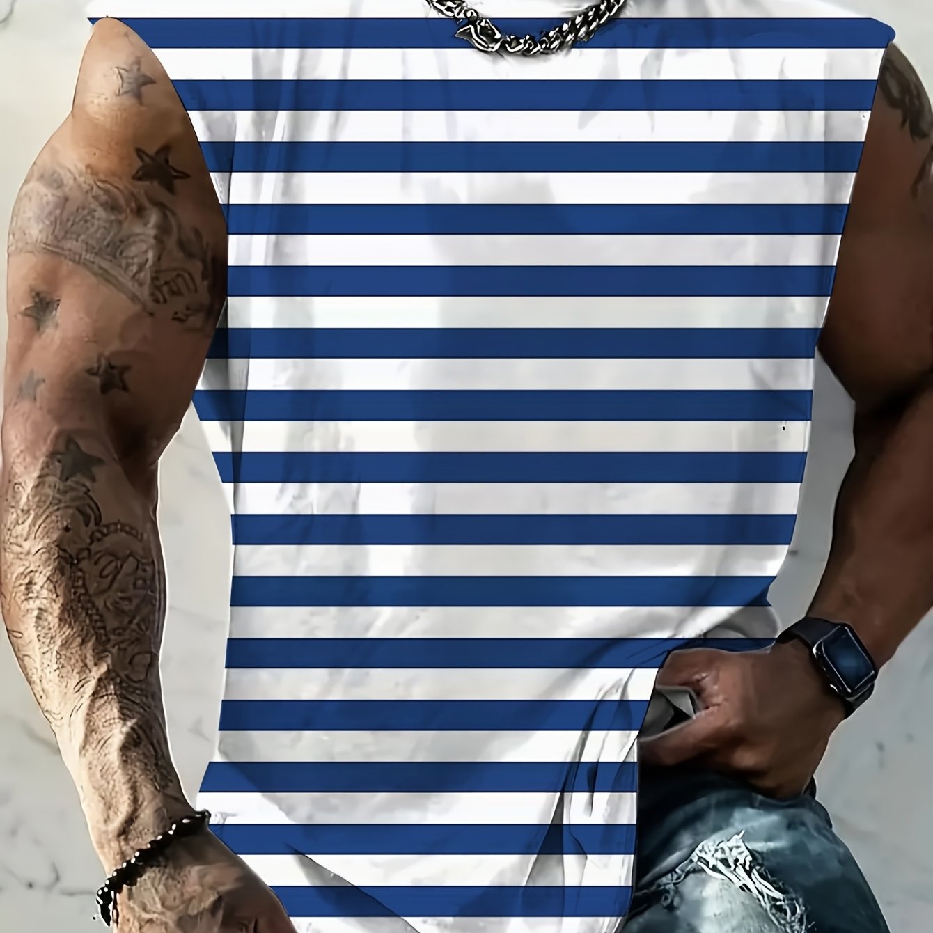 TEMU Camiseta sin para hombre, estampado 3D de rayas azules y blancas, estilo casual, ideal para actividades al , deportes y vacaciones en