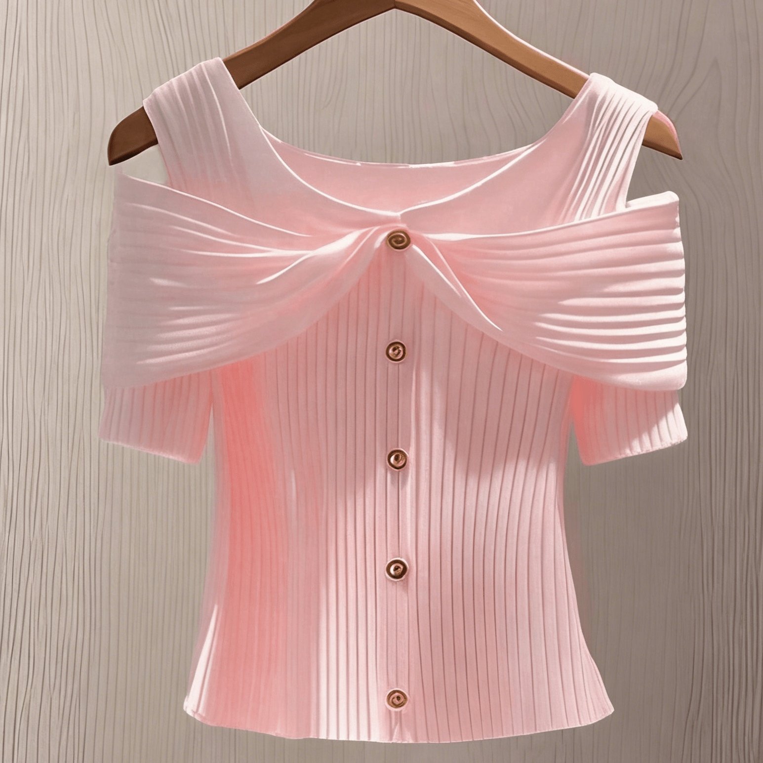 TEMU Women' Color Button-up Off-shoulder Short Sleeve Ribbed T-shirt
