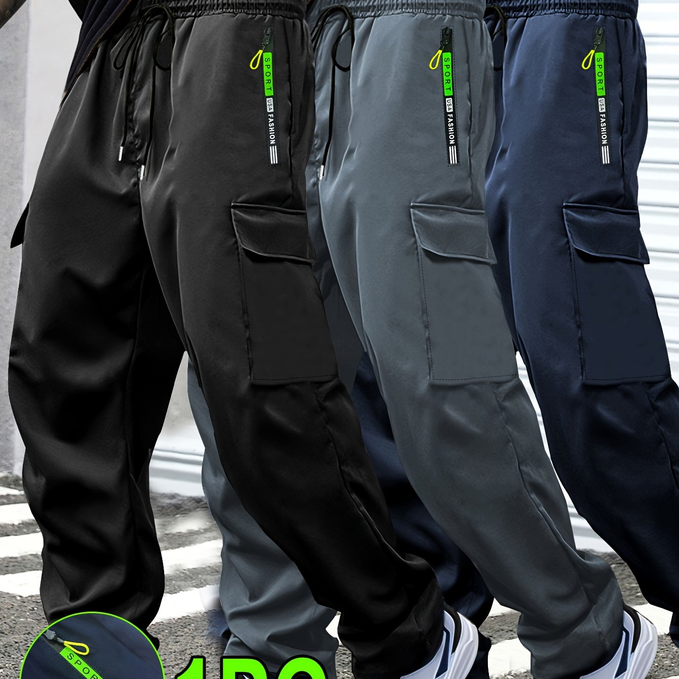 TEMU 1pc Men' Cargo Pants With Zipper Pockets | Non-stretch Fabric, Drawstring Waist, Casual Straight Leg, Relaxed Fit, Perfect For Running, Hiking,