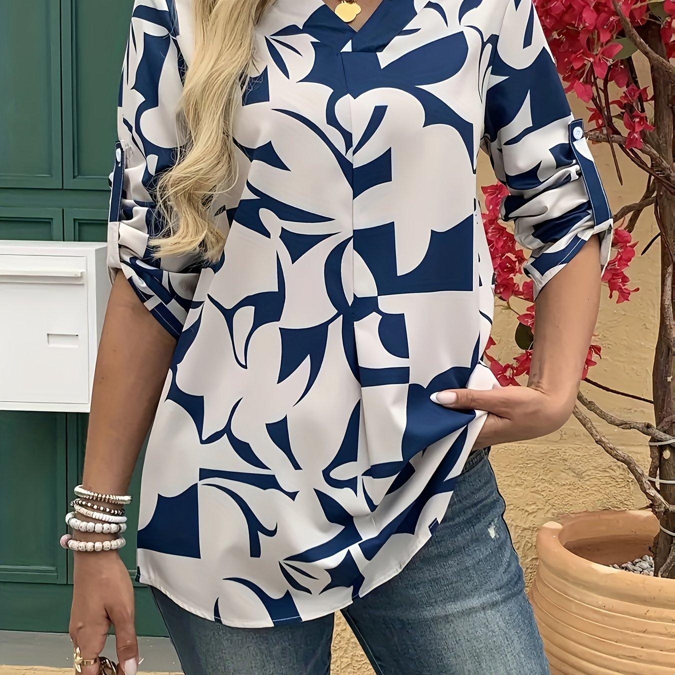 TEMU Blue And White Geometric Pattern Long Sleeve Top, Machine Washable Smooth Texture, Suitable For Office, Casual, Formal Occasions And Daily Wear,