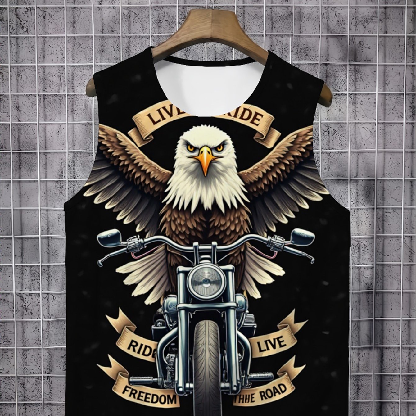 TEMU Print Design - No Texture, Men's Casual Sleeveless T-shirt, Men's Sleeveless Vest? Round Neck Design, Featuring Eagle And Classic Motorcycle