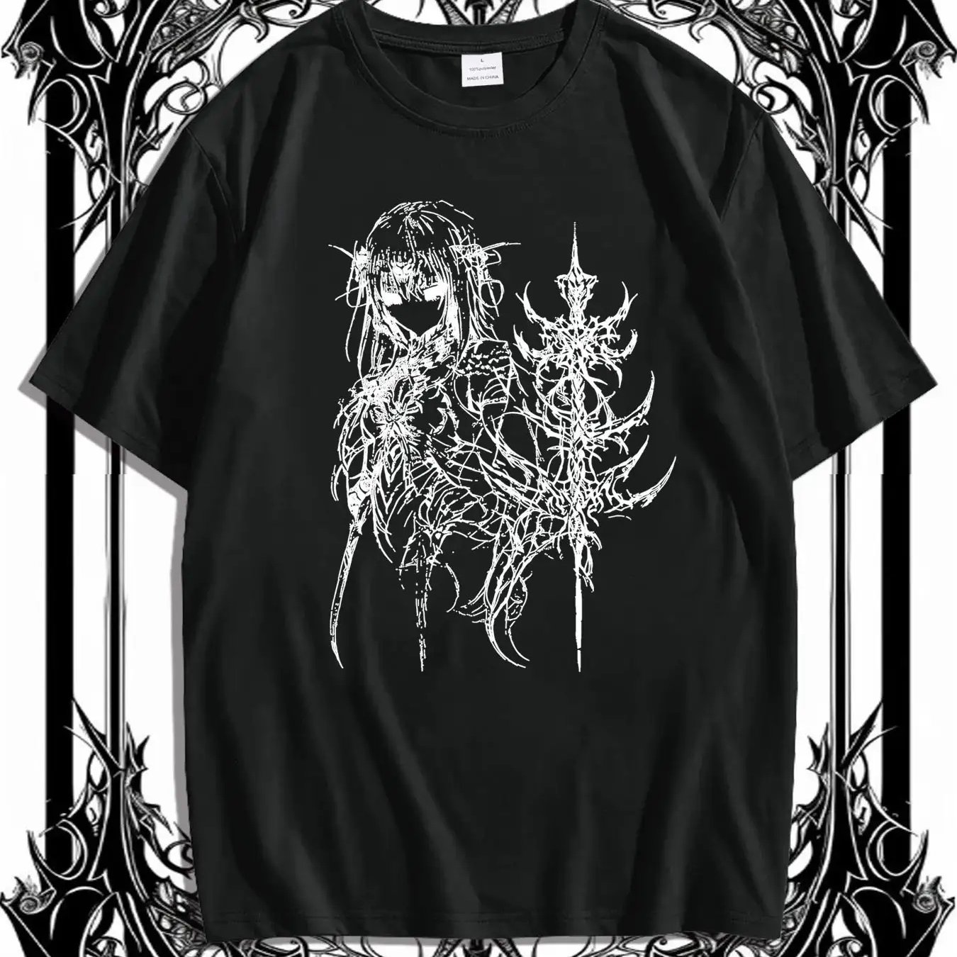 TEMU Tattoo Girl, Ribbed Round Neck, Trendy Enthusiast , Polyester Fiber, Heat Transfer