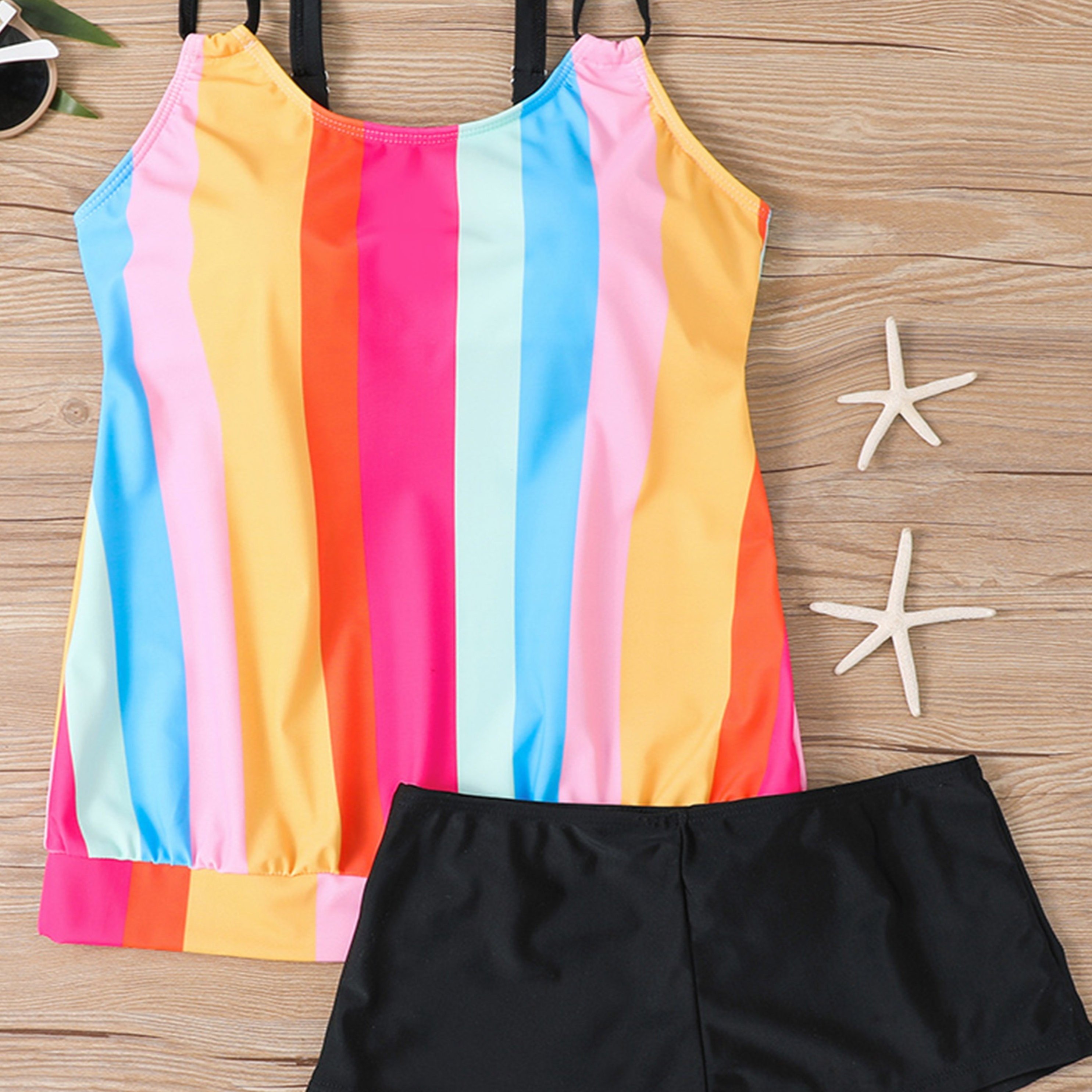 Colorblock Striped Print Tankini Sets Round Neck Spaghetti - Temu