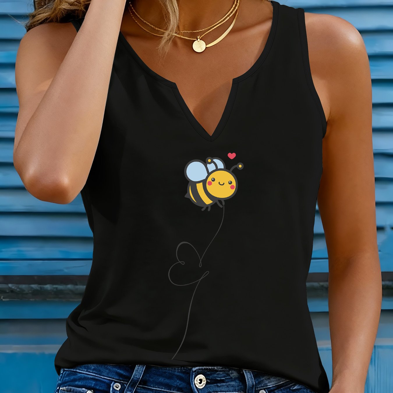 TEMU (052#) Women's Fashion Refreshing Vest, V-neck Sleeveless Vest For Women With Cute Bee And Heart Print, Casual Inner Wear Top