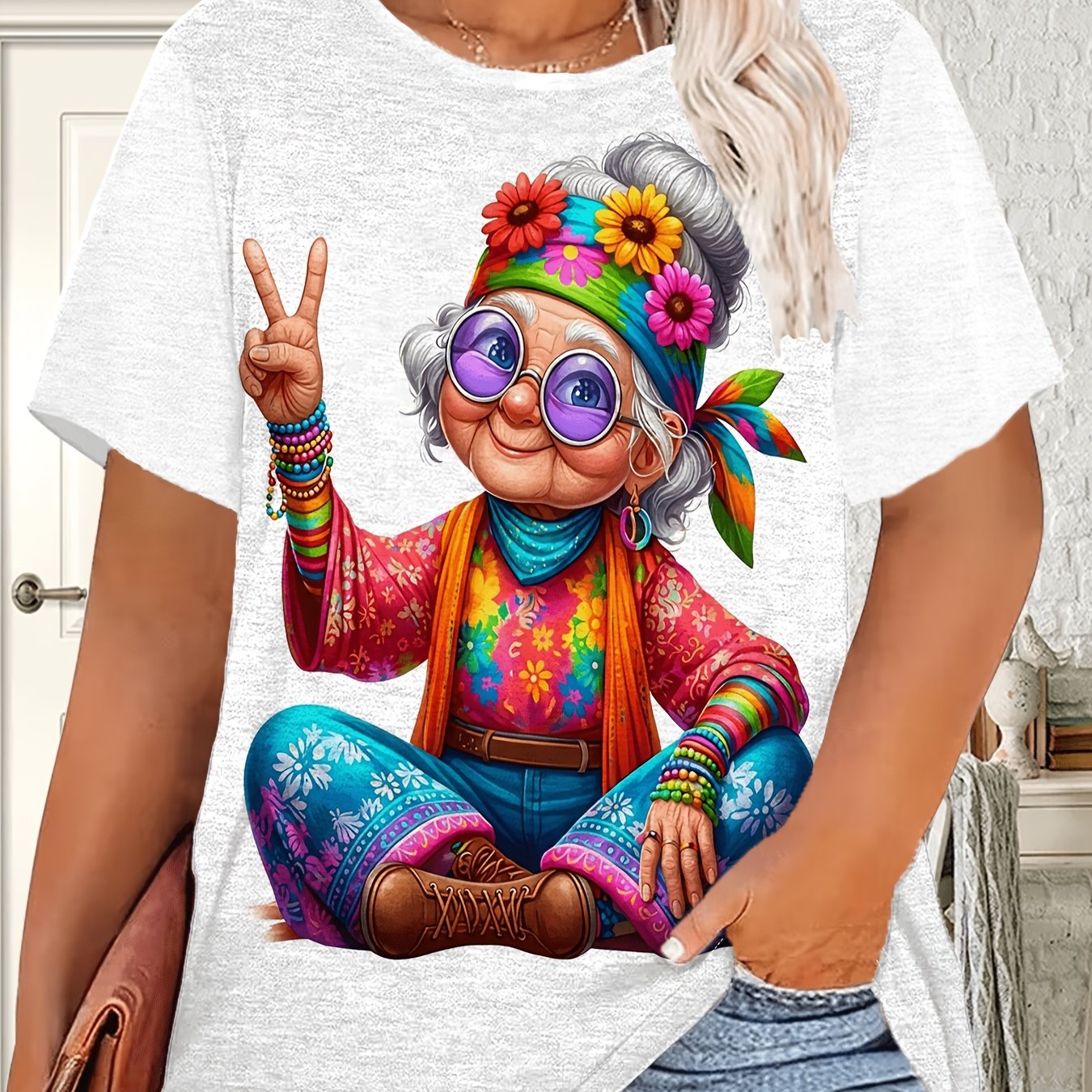 TEMU Plus Size - [printed Design - Not Textured / 2d Printing] Fun Hippie Grandma Printed T-shirt, Retro Colorful Pattern Top, Individual Trendy