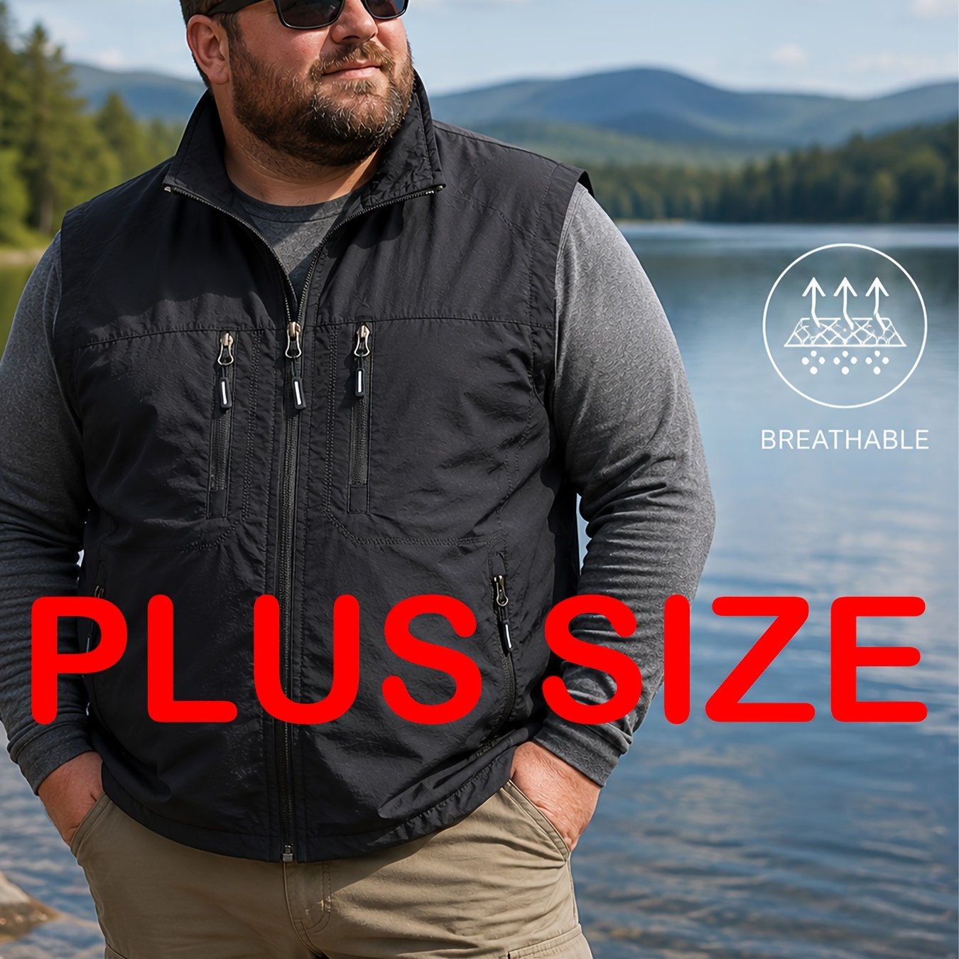 TEMU 0xl-9xl Plus Size Men's Loose Casual Breathable Vest, Versatile Sports Jacket, Suitable For Camping Fishing And Scenes