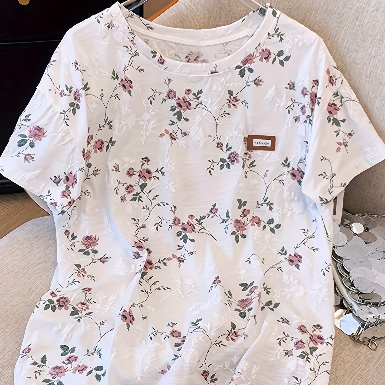 Image of Summer Loose White Short Sleeve T-shirt 2025 New Women's Stylish Floral Print Blouse Top