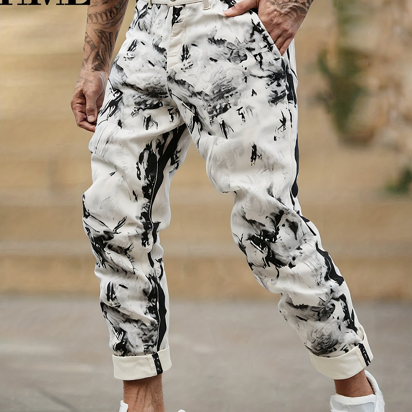 Image of [hme]089 Black And White Ink-wash Style Printed Men's Straight Denim Pants, Casual Graffiti Effect, Designer Artistic Style, Slim Fit, -style Stretch Denim Pants, Comfortable Fabric, Machine Washable