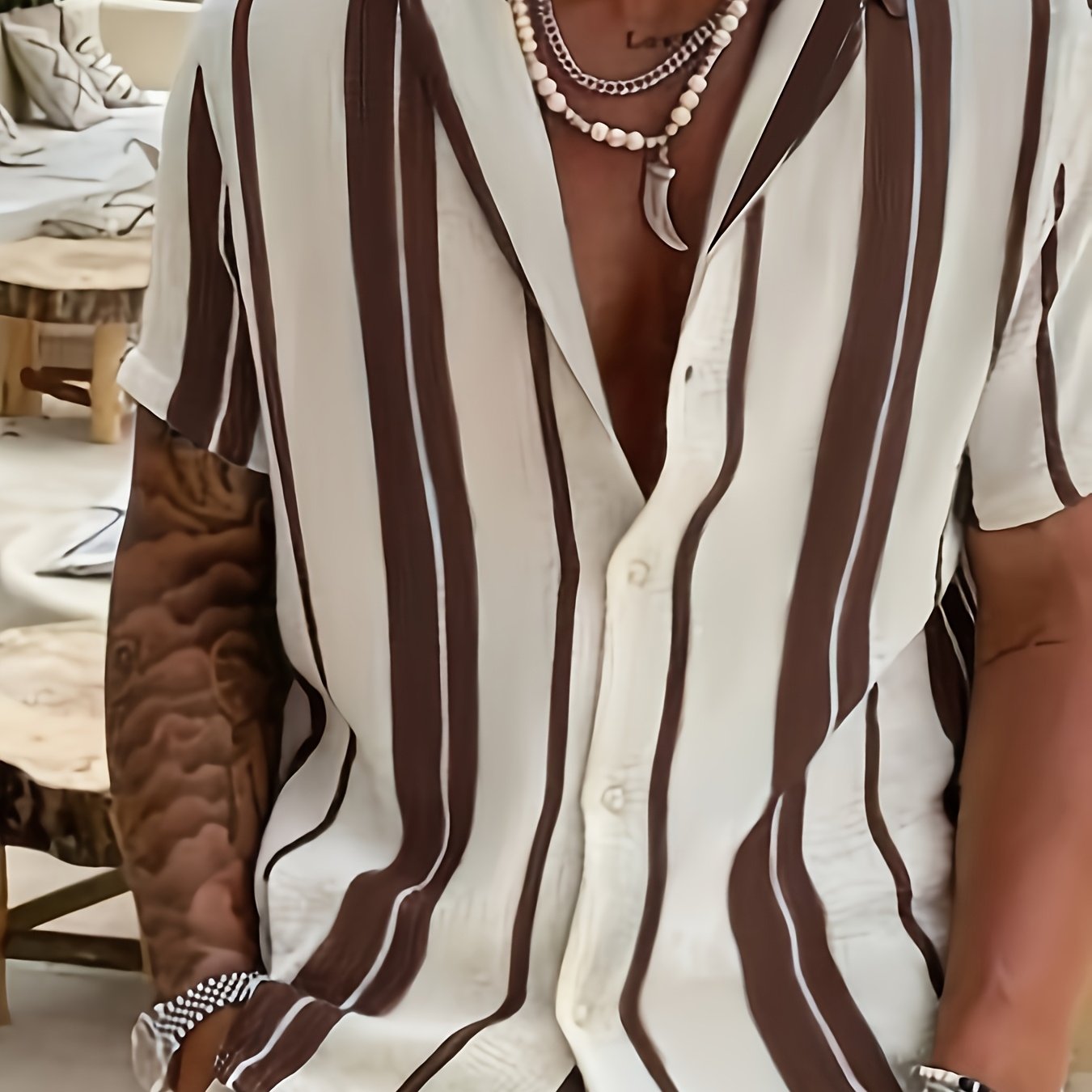 TEMU Men's Color Vertical Striped Short Sleeved Button Up Shirt, Summer