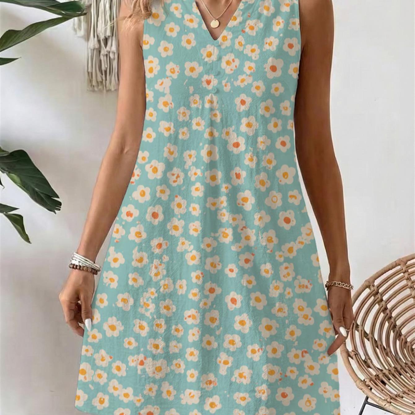 Image of Women's Retro Small V-neck Dress With Soft Teal Floral Print, Short Sleeves And Stylish Hollow-out Detail
