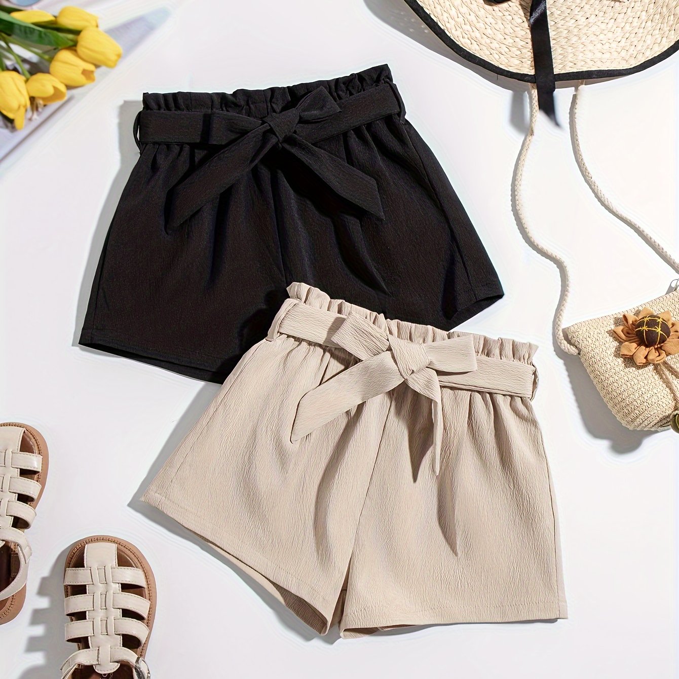 Girls' Summer Cool Casual Versatile Belt Tie Shorts Two-piece Set, For Outdoor