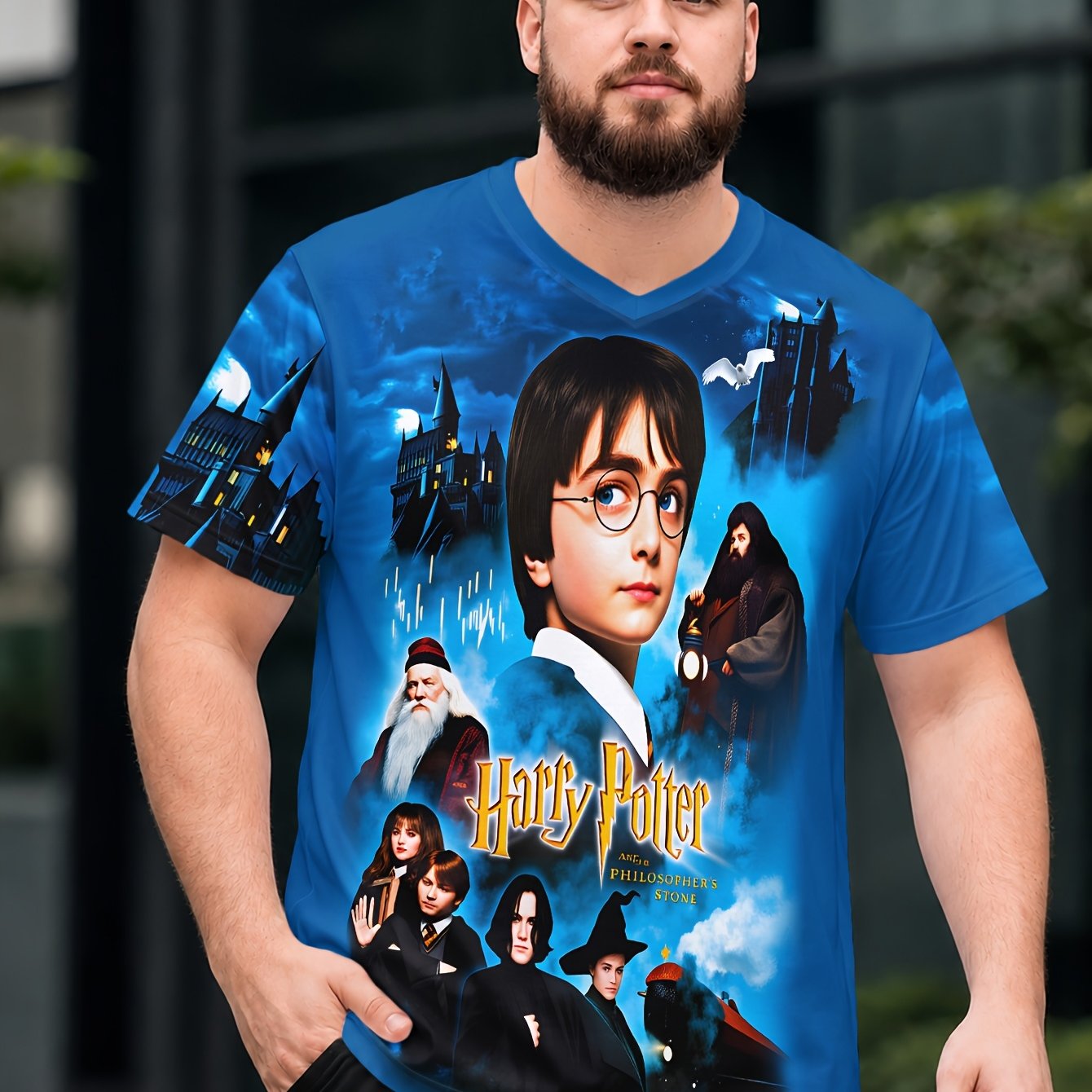 TEMU 1pc Blue Hogwarts Castle Harry Potter Philosopher' All Characters Movie Poster V-neck Men's Plus Size T-shirt, Breathable Comfortable For Casual